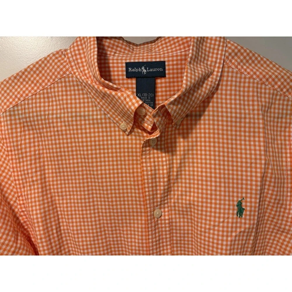 Ralph Lauren Shirt Boys XL 18-20 Orange Gingham Long Sleeve Button Down Cotton